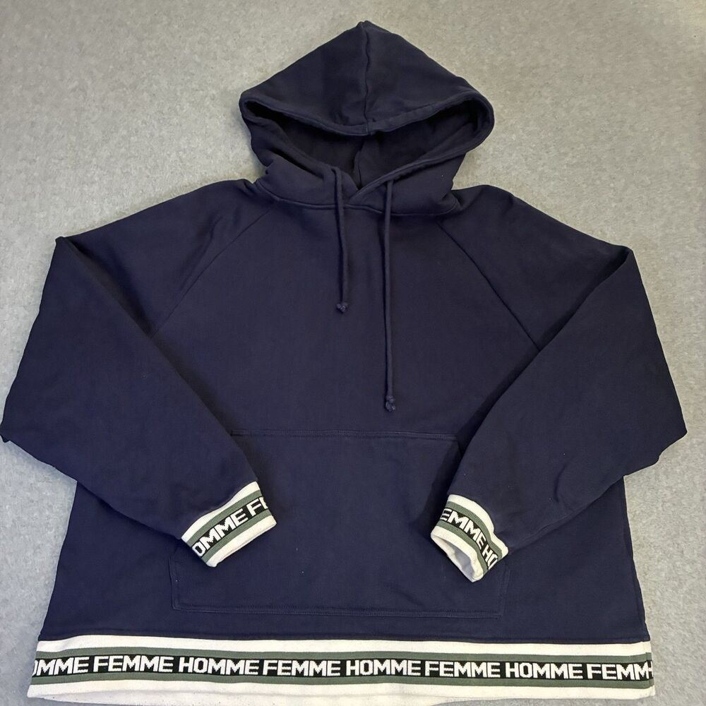 Homme Femme Navy Blue Pullover Hoodie Spell Out Trim Men’s Large